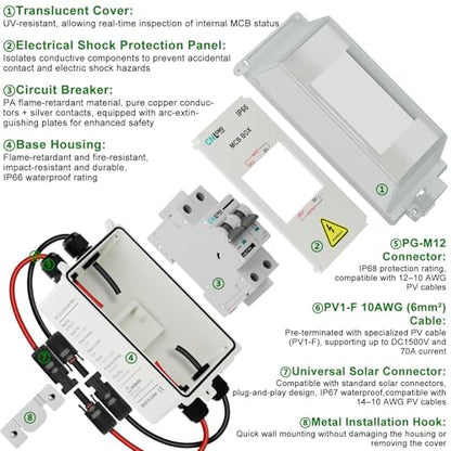 CNLONQ Solar Panel Disconnect Switch 20A~63A 1000V DC PV Circuit Breaker IP66 Waterproof with PV Connector and Install Hook for Outdoor Home Solar Panel Systems