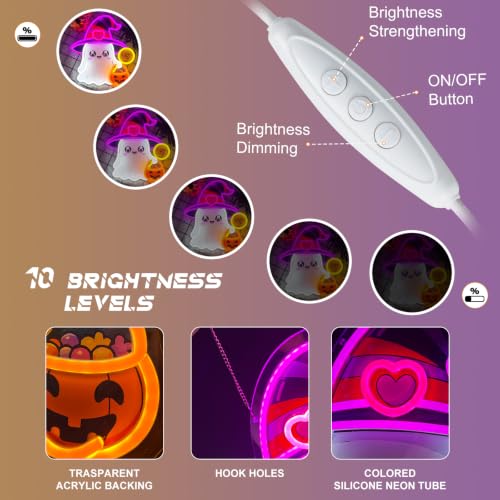Halloween Ghost Neon Sign Dimmable Cute Witch Hat Ghost Led Neon Light (Colorful-Witch)