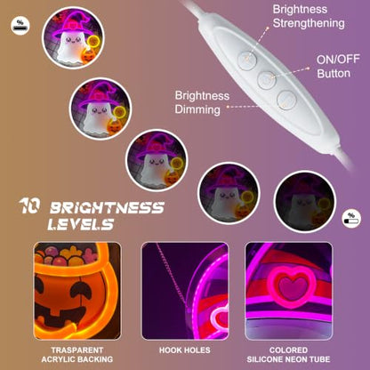 Halloween Ghost Neon Sign Dimmable Cute Witch Hat Ghost Led Neon Light (Colorful-Witch)