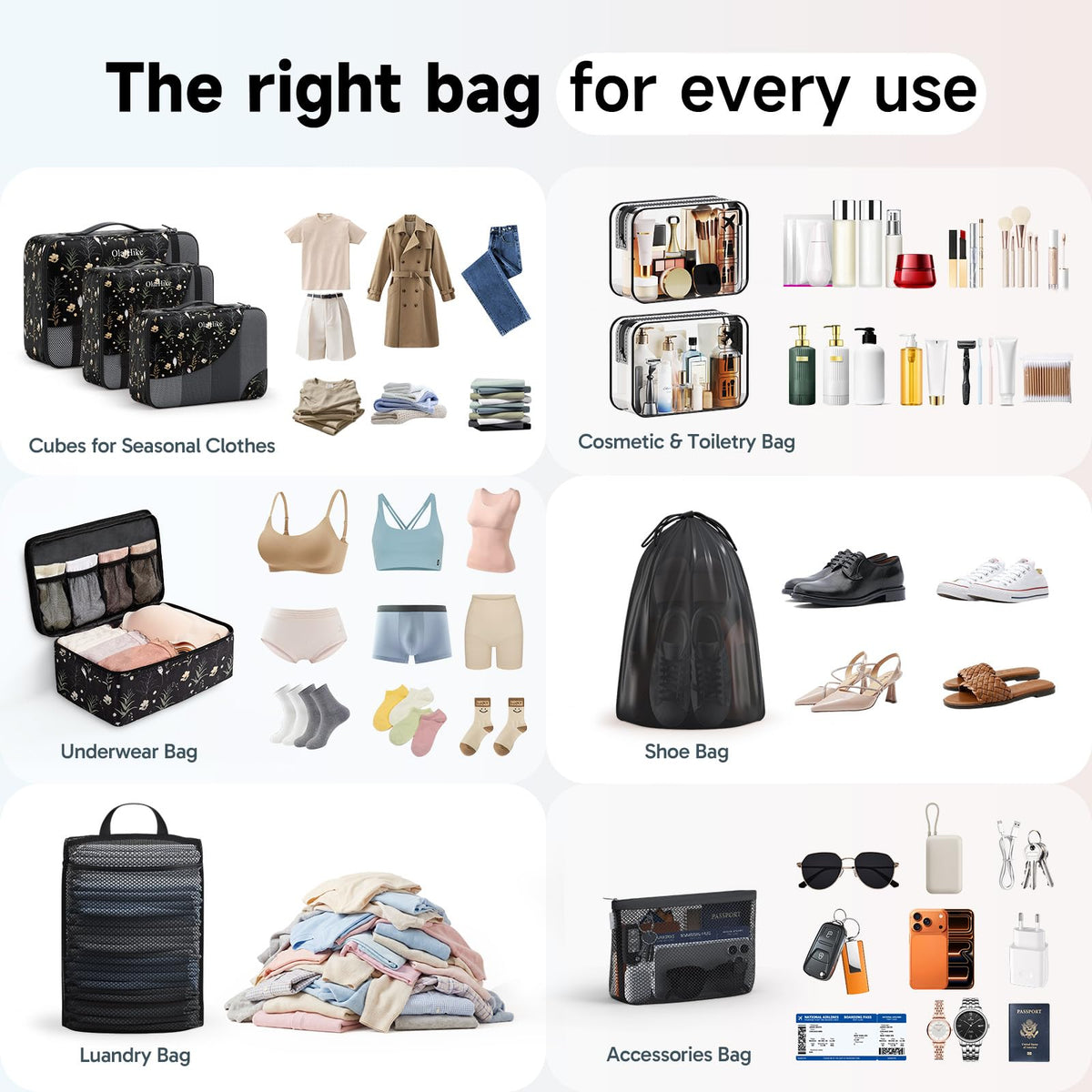 Packing Cubes for Travel (14 Black Flower)