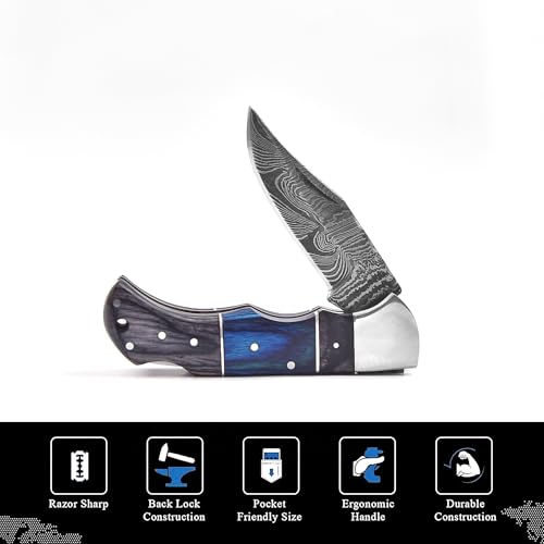 Damascus Pocket Folding Knife with Blue & Black Wooden Handle & Leather Sheath