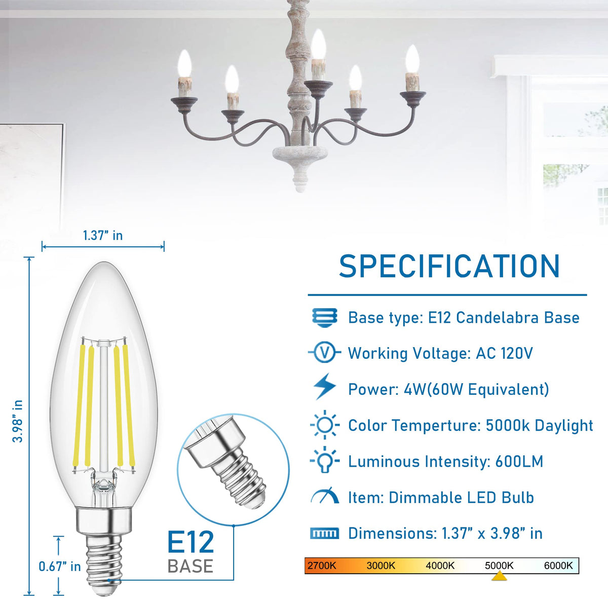10 Pack E12 Chandelier LED Light Bulbs 60W Equivalent 5000K Daylight (10 Count (Pack of 1))