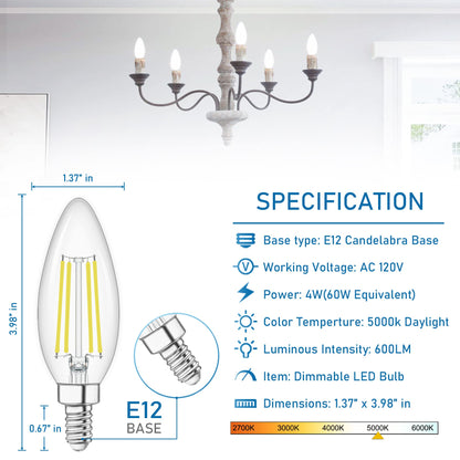 10 Pack E12 Chandelier LED Light Bulbs 60W Equivalent 5000K Daylight (10 Count (Pack of 1))