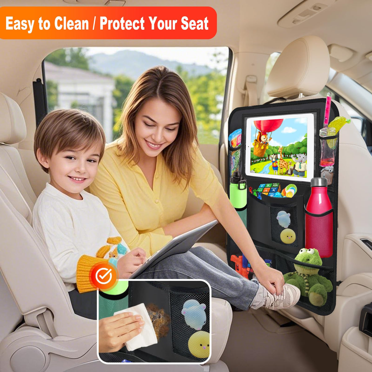 2 Pack Car Backseat Organizer Car Seat Organizer Back Seat Protector (Black / 2 Pack without Food Tray)
