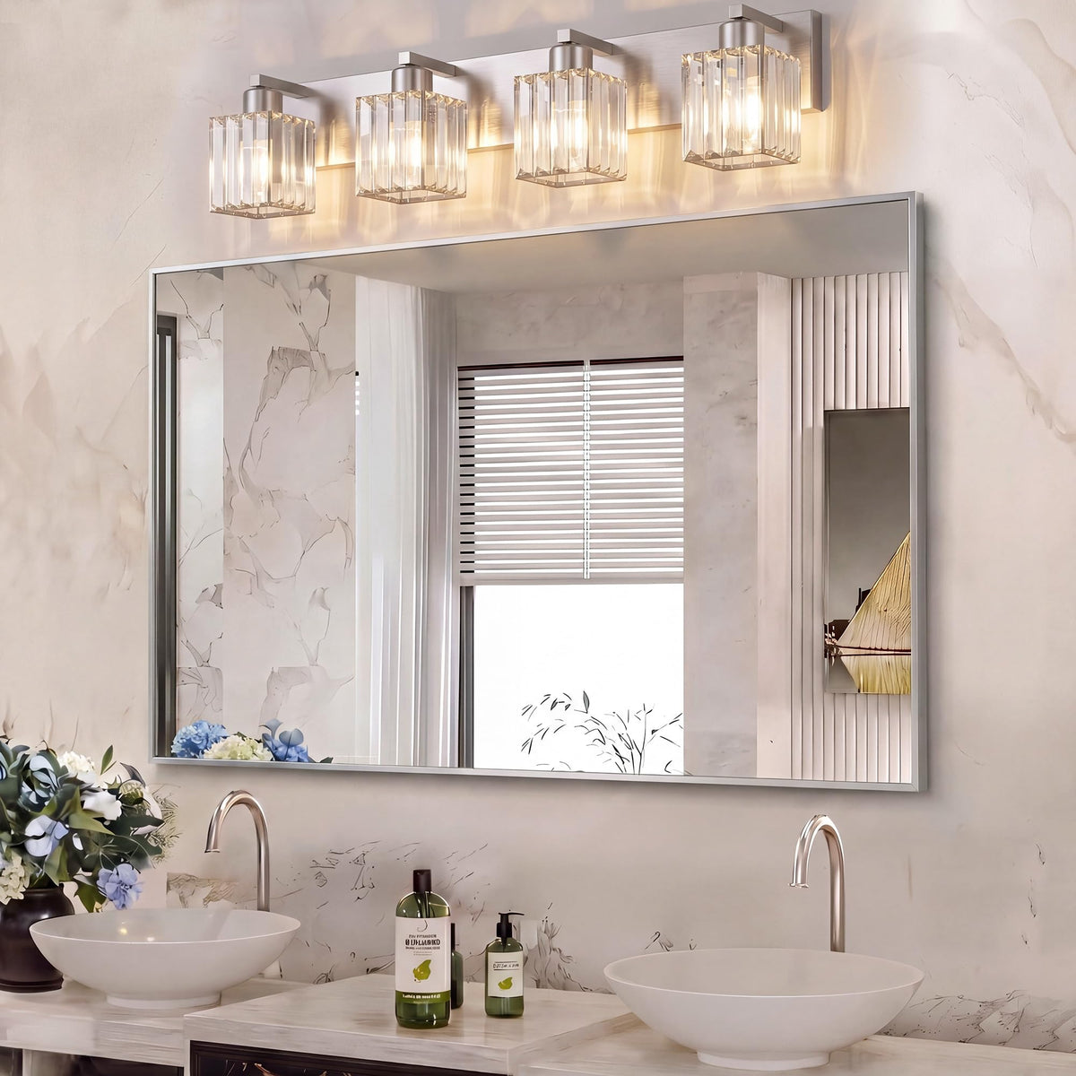Modern Bathroom Vanity Light (Nickel & Square / 4-Light)