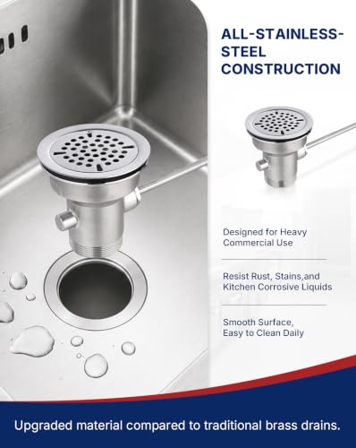3-1/2" Commercial Sink Drain with Twist Handle, Brass Waste Drain Valve Stopper, Anti-Clog & Leakproof Design for Restaurant 1/2/3 Compartment Sink