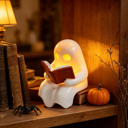 Halloween Ghost Figurine with Lamp Ghost Resin Cute Funny Ghost Reading Book Designs Mini Night Light Statue Halloween Tabletop Ornament Decoration for Gift Home Decor New Year's Gifts (Style 7)