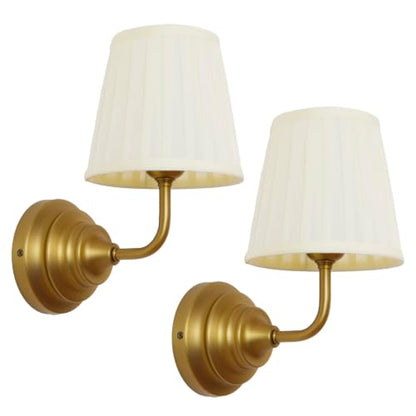 Vintage Wall Sconce Light Brass Gold Bathroom Vanity Light with Cotton Fabric Shade Hardwire Wall Sconce Lamp for Bedroom Living Room Bathroom Hallway Indoor