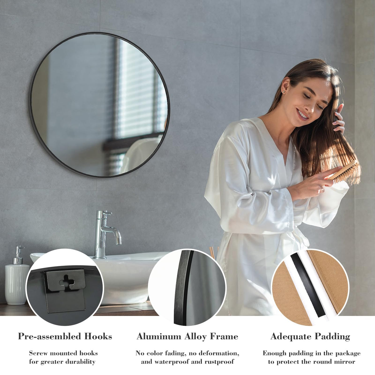 24 Inch Round Wall Mirror (Metal-black / 24"L x 24"W / Round)