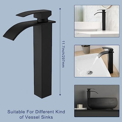 Tall Bathroom Faucet Vessel Sink Faucet with Drain (With Drain / Matte Black)