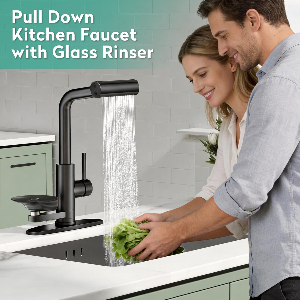 Waterfall Kitchen Faucet with Pull Down Sprayer & Cup Washer (Black)