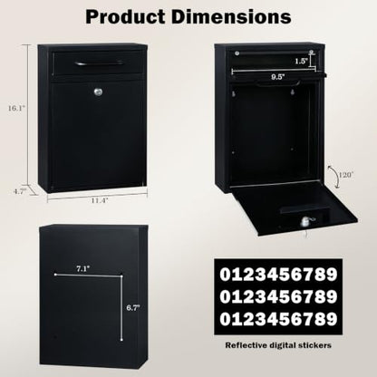 Wall Mount Mailbox for Outside (Black-16inch)