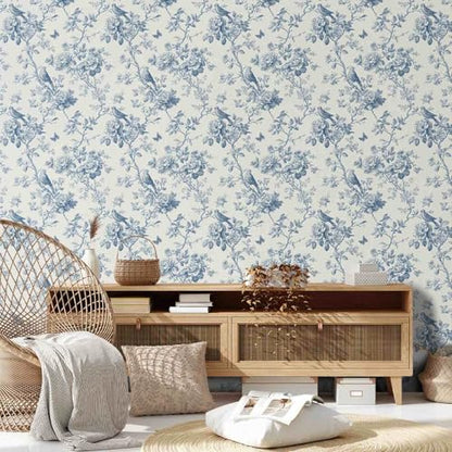 Blue Floral Bird Peel and Stick Wallpaper
