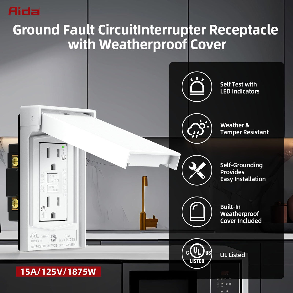 15A GFCI Outlet with Weatherproof Cover & Wall Plate (15A GFCI Outlet / Vertical)