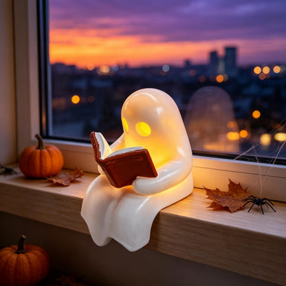Halloween Ghost Figurine with Lamp Ghost Resin Cute Funny Ghost Reading Book Designs Mini Night Light Statue Halloween Tabletop Ornament Decoration for Gift Home Decor New Year's Gifts (Style 7)