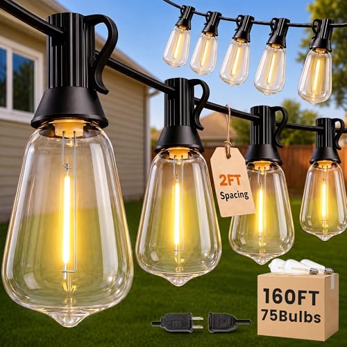 160FT(150+10) String Lights Outdoor, 2FT Bulb Spacing, Waterproof Shatterproof Warm White ST38 LED Edison Bulbs, Extension Cord, Plug in Connectable Hanging Patio Lights for Outside, Backyard (150+10FT(75 Sockets))