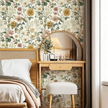 Floral Peel and Stick Wallpaper Vintage Floral Contact Paper Boho Flower Wallpaper Peel and Stick Removable Self Adhesive Wall Paper for Cabinets Bathroom Decorative Vinyl
