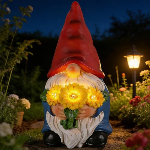 Solar Garden Gnome Statue with Lighted Sunflower Bouquet for Outdoor Decor
