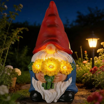 Solar Garden Gnome Statue with Lighted Sunflower Bouquet for Outdoor Decor