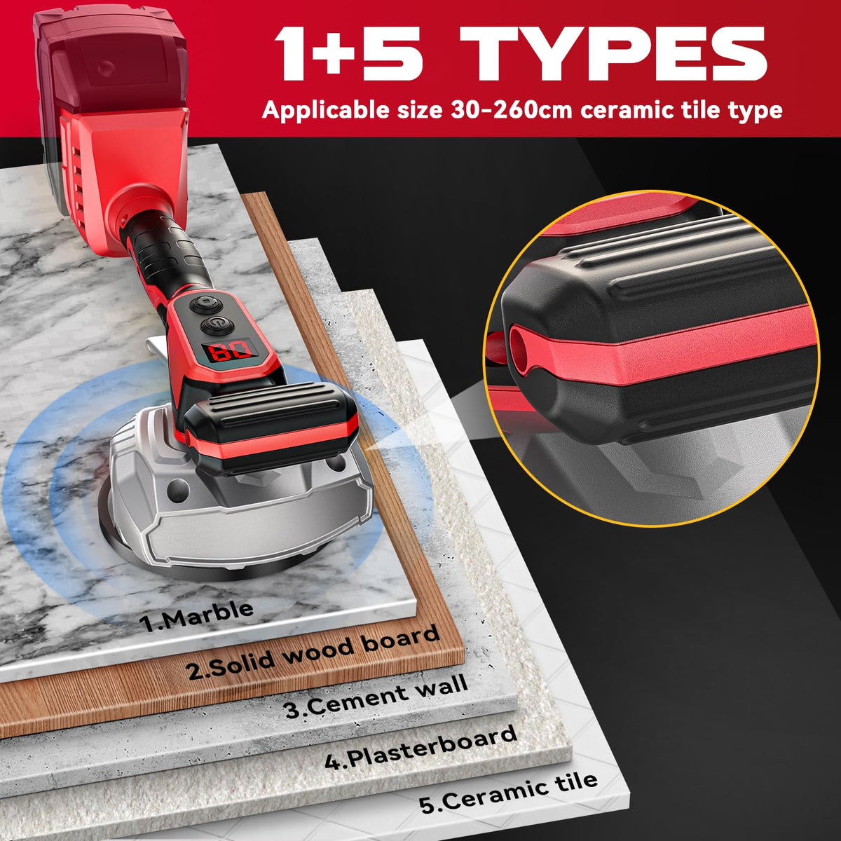 Cordless Tile Vibration Tool Compatible with Milwaukee 18V (Red -8 Speed)