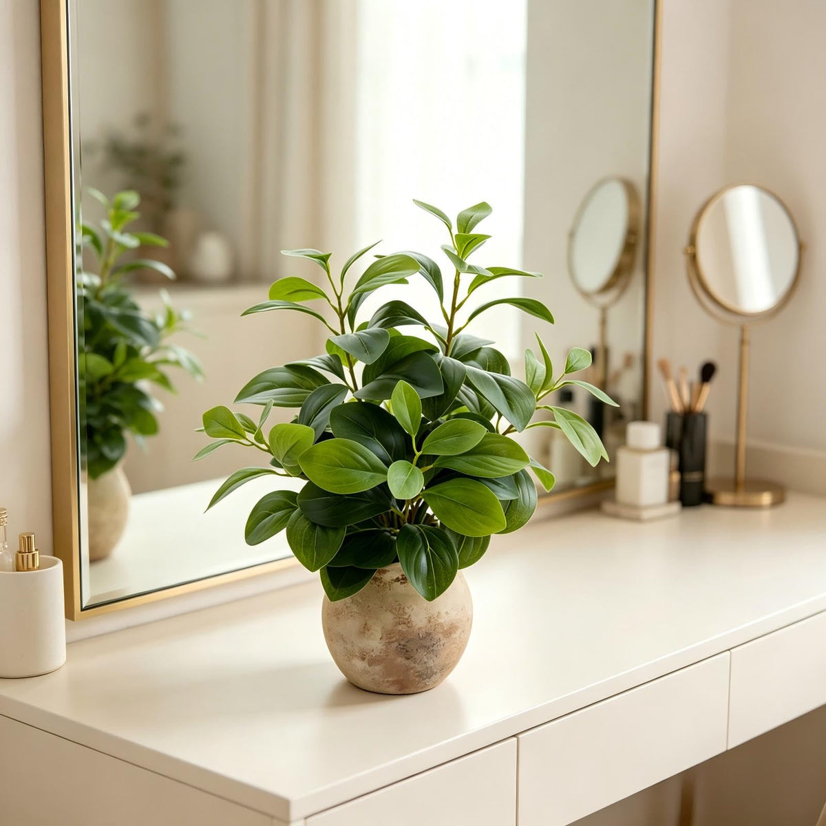 Fake Faux Potted Plant Ficus Ceramic Pot Rustic Home Decor (Green Fig Leaf Plant 17" H)