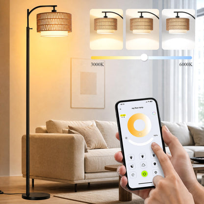 Boho Floor Lamp For Living Room With 3 Color Temperature and Remote (Beige Black)