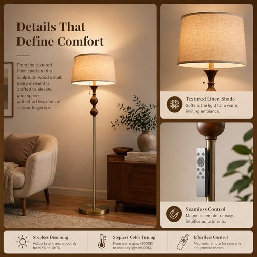 Wood & Brushed Floor Lamp with Pull Chain Switch & Remote Control