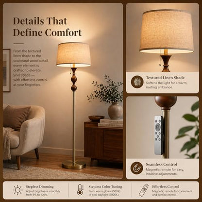 Wood & Brushed Floor Lamp with Pull Chain Switch & Remote Control