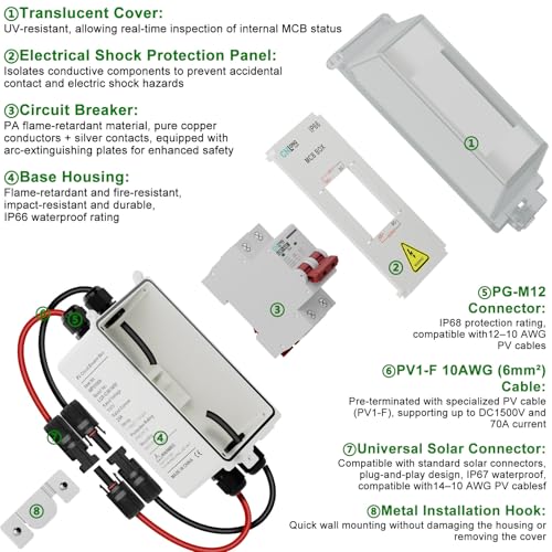 CNLONQ Solar PV Disconnect Switch 20~63A 1000V DC Miniature Circuit Breaker IP66 Waterproof with PV Connector and Install Hook for RV