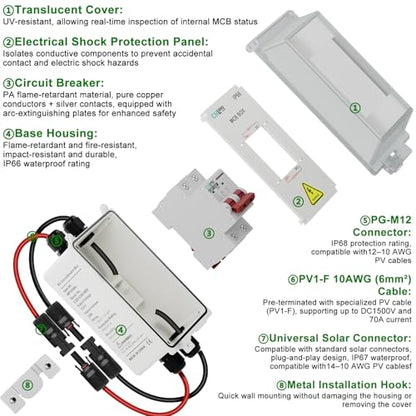 CNLONQ Solar PV Disconnect Switch 20~63A 1000V DC Miniature Circuit Breaker IP66 Waterproof with PV Connector and Install Hook for RV