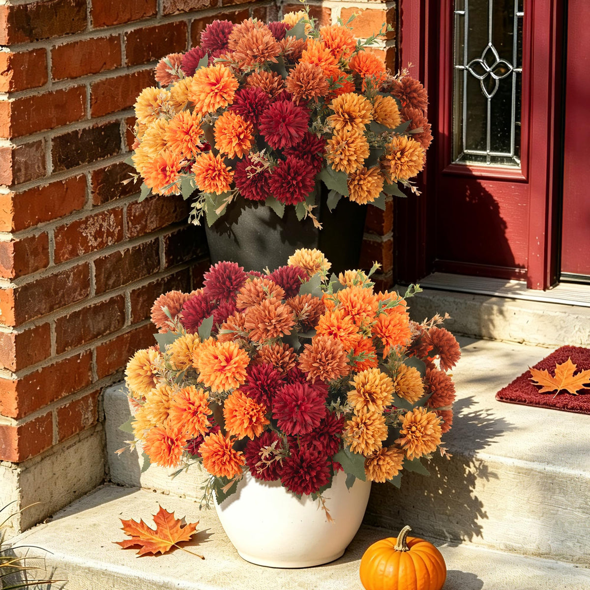 Artificial Mums Flowers for Outdoors Outside Decorations (6 Orange,6 Burnt Orange,6 Red,6 Yellow / 24PCS)