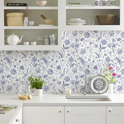 White and Blue Floral Peel and Stick Wallpaper Vintage 17in x 118in (Blue / 16.9" x 118.1")