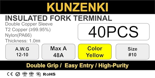 40pcs Nylon PA66 Insulated Fork Terminals (YELLOW(A.W.G12-10) / 1/4"(M6))