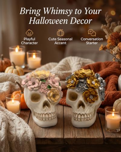2 Gothic Halloween Decor Resin Pastel Flower Skull Figurines (Floral Skull)