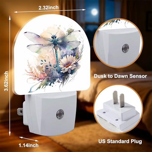 Night Light Dragonfly Watercolor Night Lights Plug into Wall with Dusk to Dawn Smart Sensor for Bedroom Bathroom Hallway Kitchen (Dragonfly Watercolor)