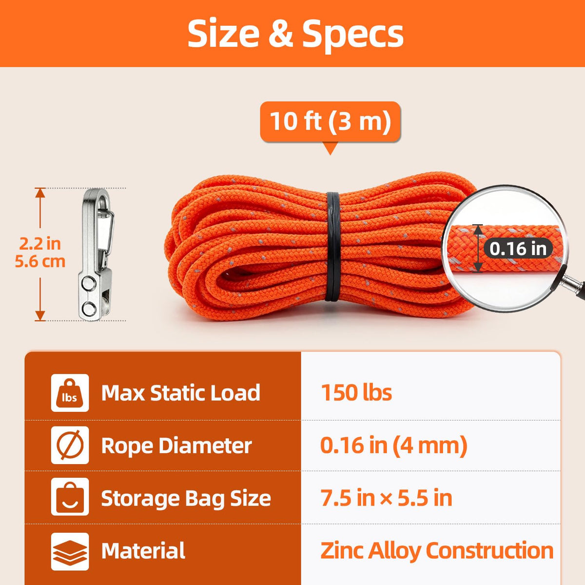 6 Pack Rope Tensioner Set with Alloy Buckles and Storage Bag (Orange / 6-Pack)