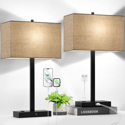 21" Set of 2 Touch Control Table Lamps with 2 USB & AC Outlets