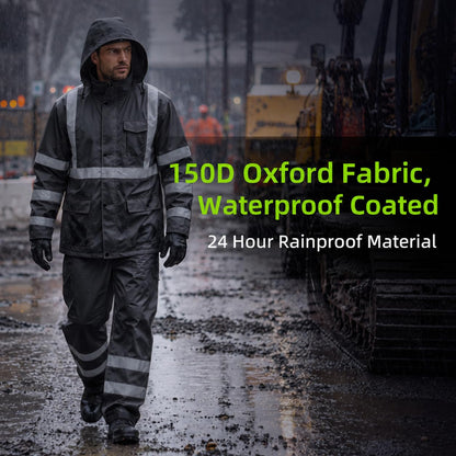 High Vis Safety Rain Jackets and Pants for Men Women (Black / Large)