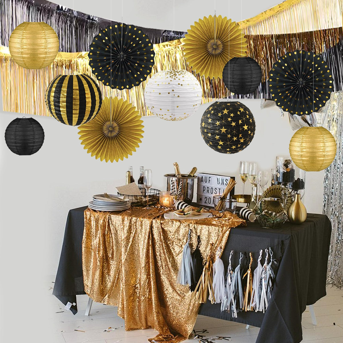 Black Gold Party Decorations Paper Fans Streamers Lanterns (Black and Gold)