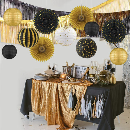 Black Gold Party Decorations Paper Fans Streamers Lanterns (Black and Gold)