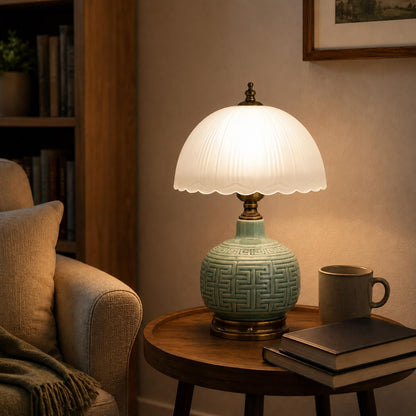 16" Vintage Green Ceramic Table Lamp (Green Ceramic + White Shade（Chinese）)
