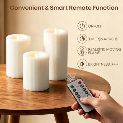 Ribbed Moving Flame Flameless Pillar Candles with Remote Set of 3