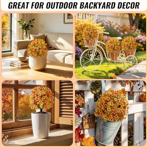 2Pcs Artificial Fall Topiary Ball Flowers for Outdoors (Orange Yellow)
