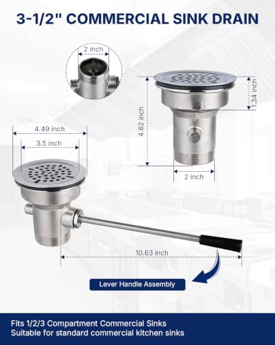 3-1/2" Commercial Sink Drain with Twist Handle, Brass Waste Drain Valve Stopper, Anti-Clog & Leakproof Design for Restaurant 1/2/3 Compartment Sink