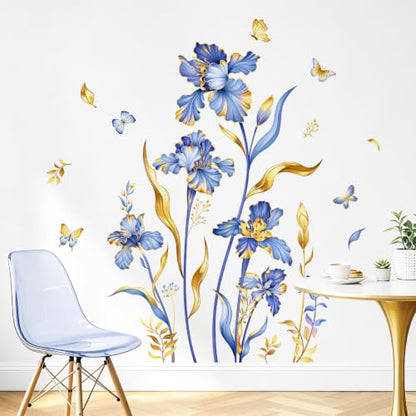 Large Purple Gold Flower Wall Decals Iris Floral Butterfly Plants Leaves Wall Stickers Peel and Stick Art Decor for Bedroom Living Room Sofa TV Background Home Furniture