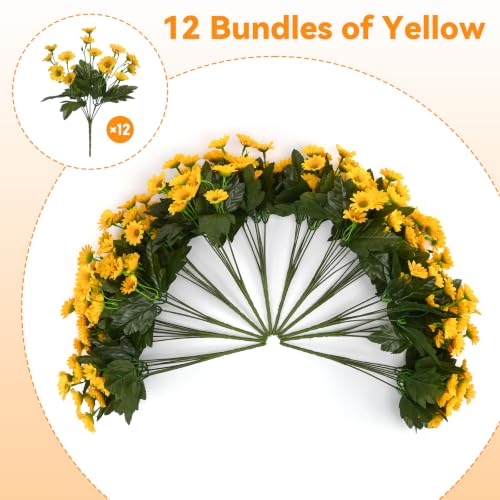 12 Bundles Fake Dasiy Artificial Mums Flowers for Outdoors Decoration (Yellow)