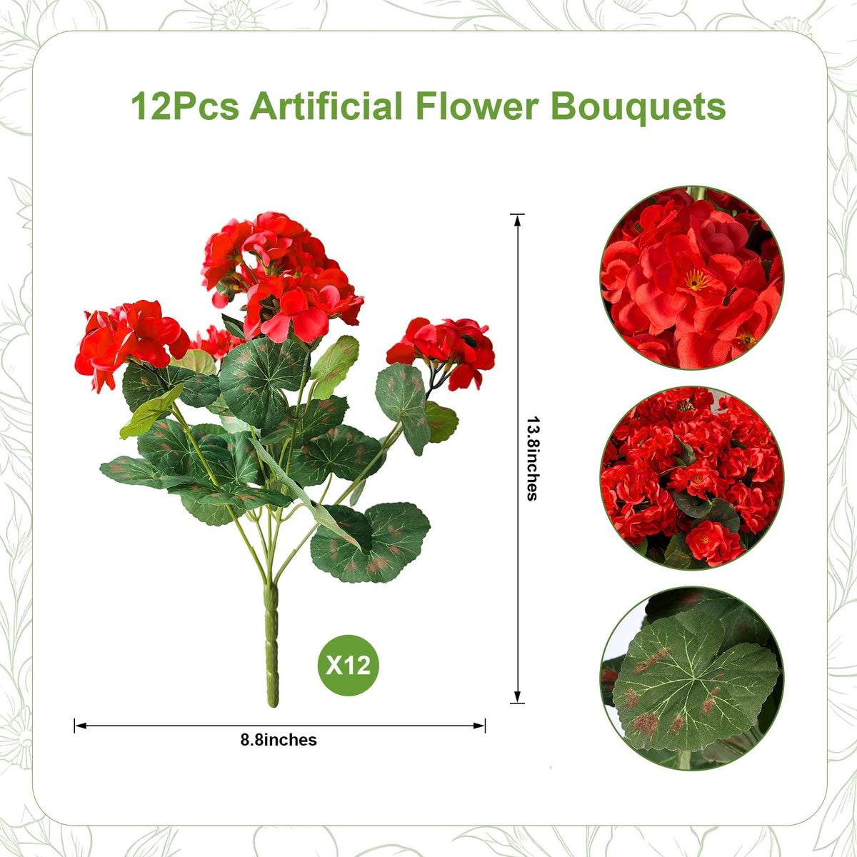 Artificial Geraniums Fake Flowers for Outdoors (Red / 12pcs)