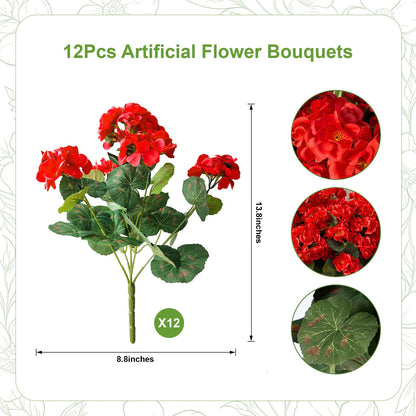 Artificial Geraniums Fake Flowers for Outdoors (Red / 12pcs)