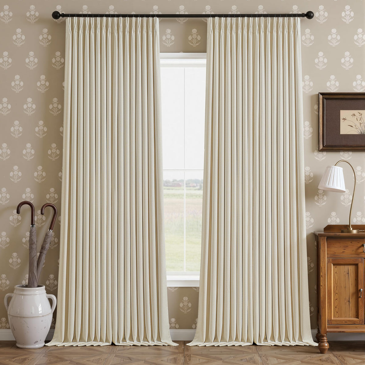 Cream Beige Blackout Linen Curtains 102 Inches Long for Bedroom Pinch Pleated Black Out Curtains Lined 2 Layers Memory Shape Noise Reducing Rustic Farmhouse Living Room Darkening Window Drapes 50x102 (Cream Beige / 50"W x 102"L (Pack of 2))