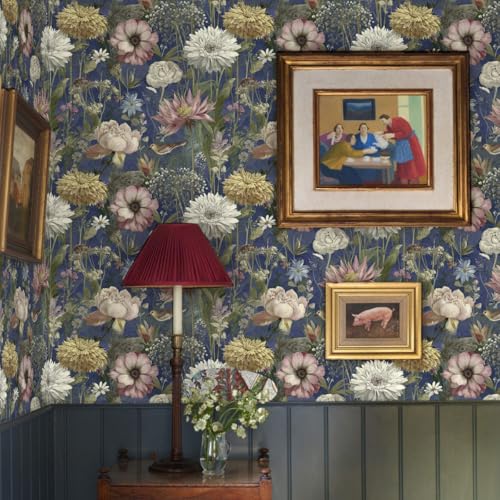 Vintage Floral Wallpaper Peel and Stick Dark Blue Floral Peel and Stick Wallpaper Boho Flower Leaf Contact Paper Bird Self